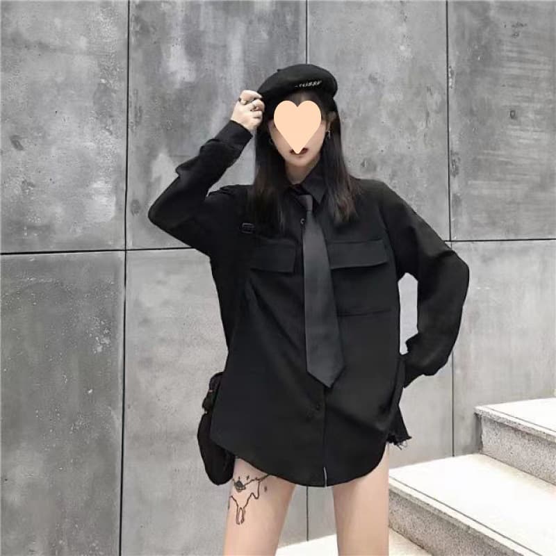 黒シャツ モード系オーバーサイズミリタリーシャツ