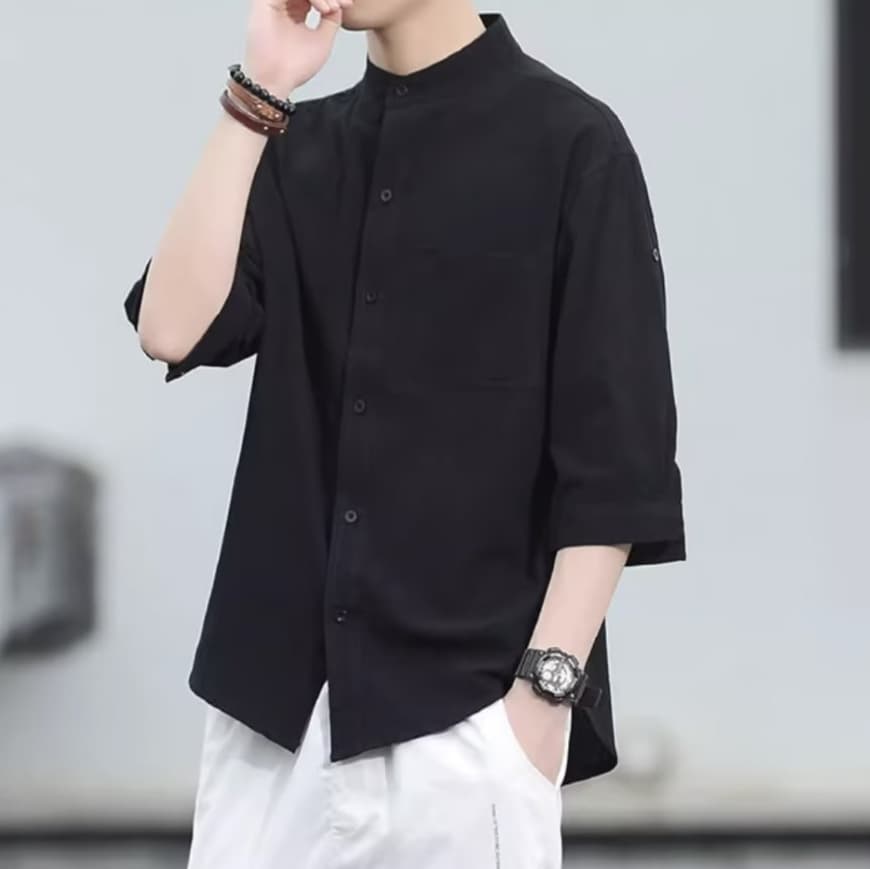 黒シャツ 七分袖シャンカラーシャツ