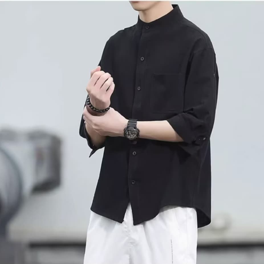 黒シャツ 七分袖シャンカラーシャツ
