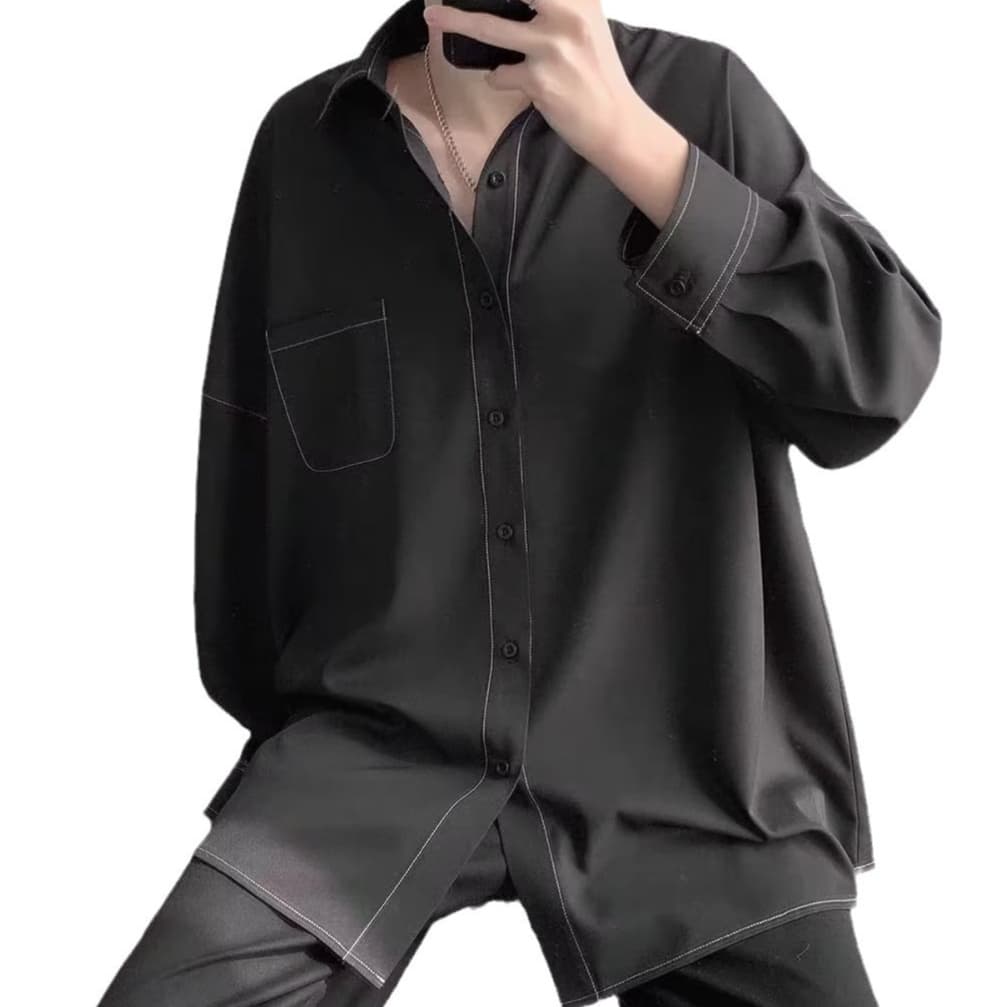 黒シャツ オーバーサイズコンフォート長袖シャツ