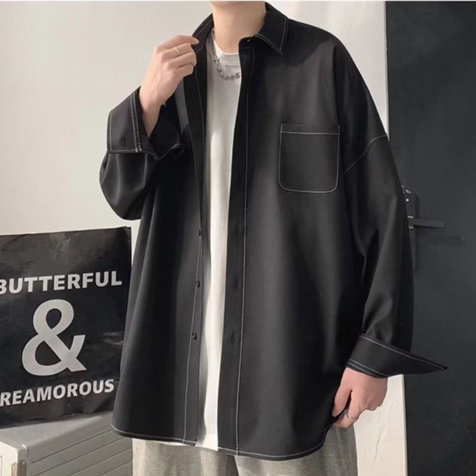 黒シャツ オーバーサイズコンフォート長袖シャツ
