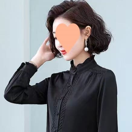 黒シャツ レース立襟フリル袖シャツ
