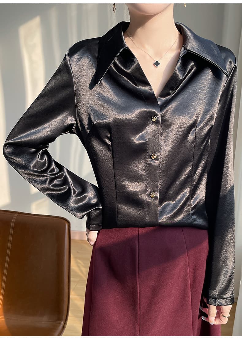 黒シャツ 艶やか光沢サテンドレスシャツ