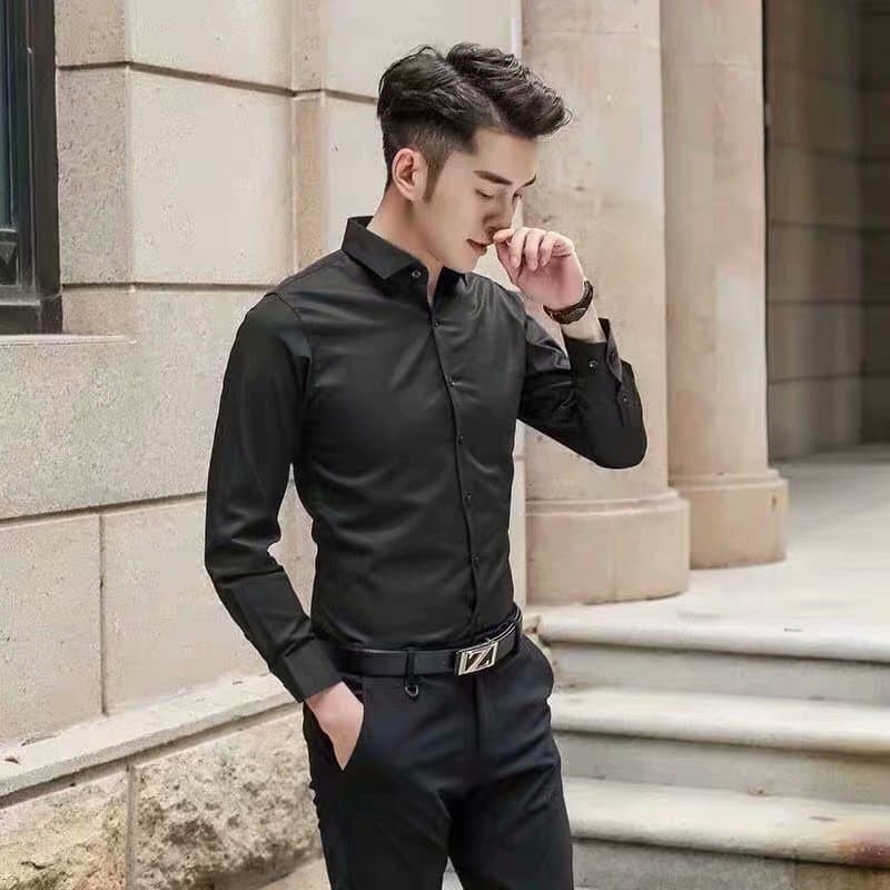 黒シャツ スマートスリムドレスシャツ