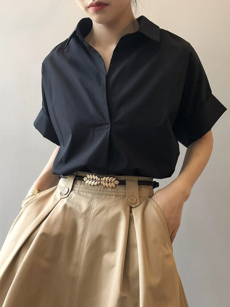黒シャツ シンプル クールネック デザインシャツ