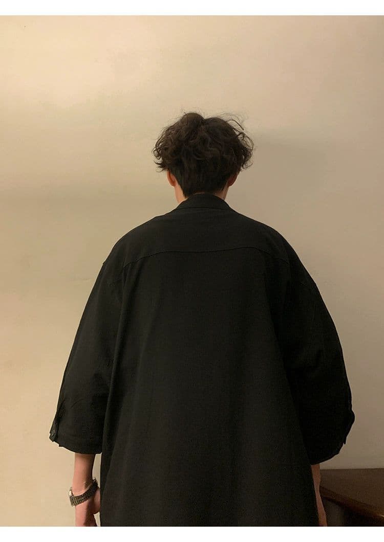 黒シャツ オーバーサイズ スタンドカラーシャツ