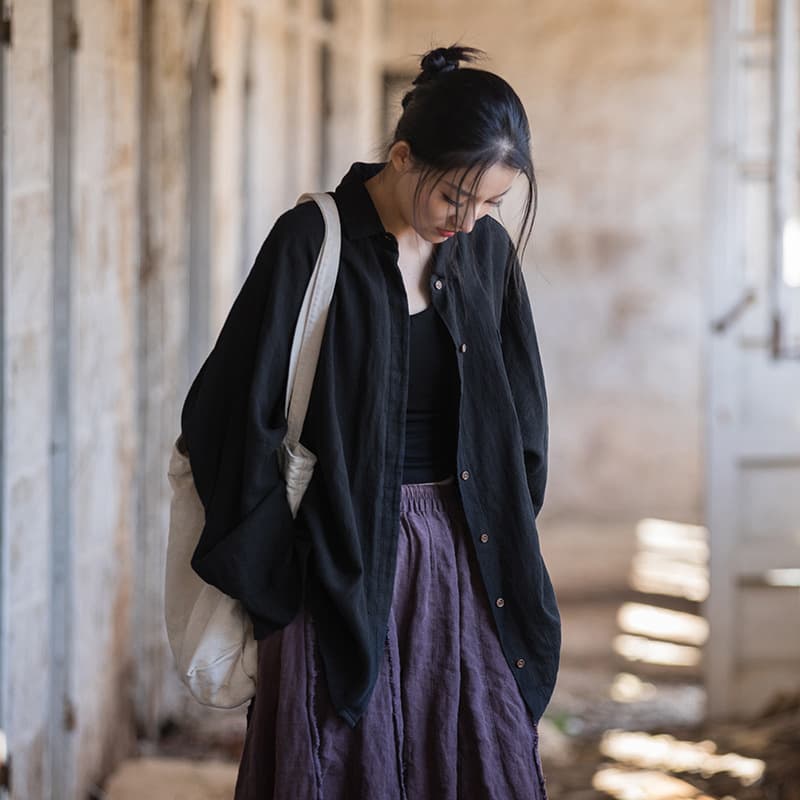 黒シャツ シワ加工リネンゆったりシャツ