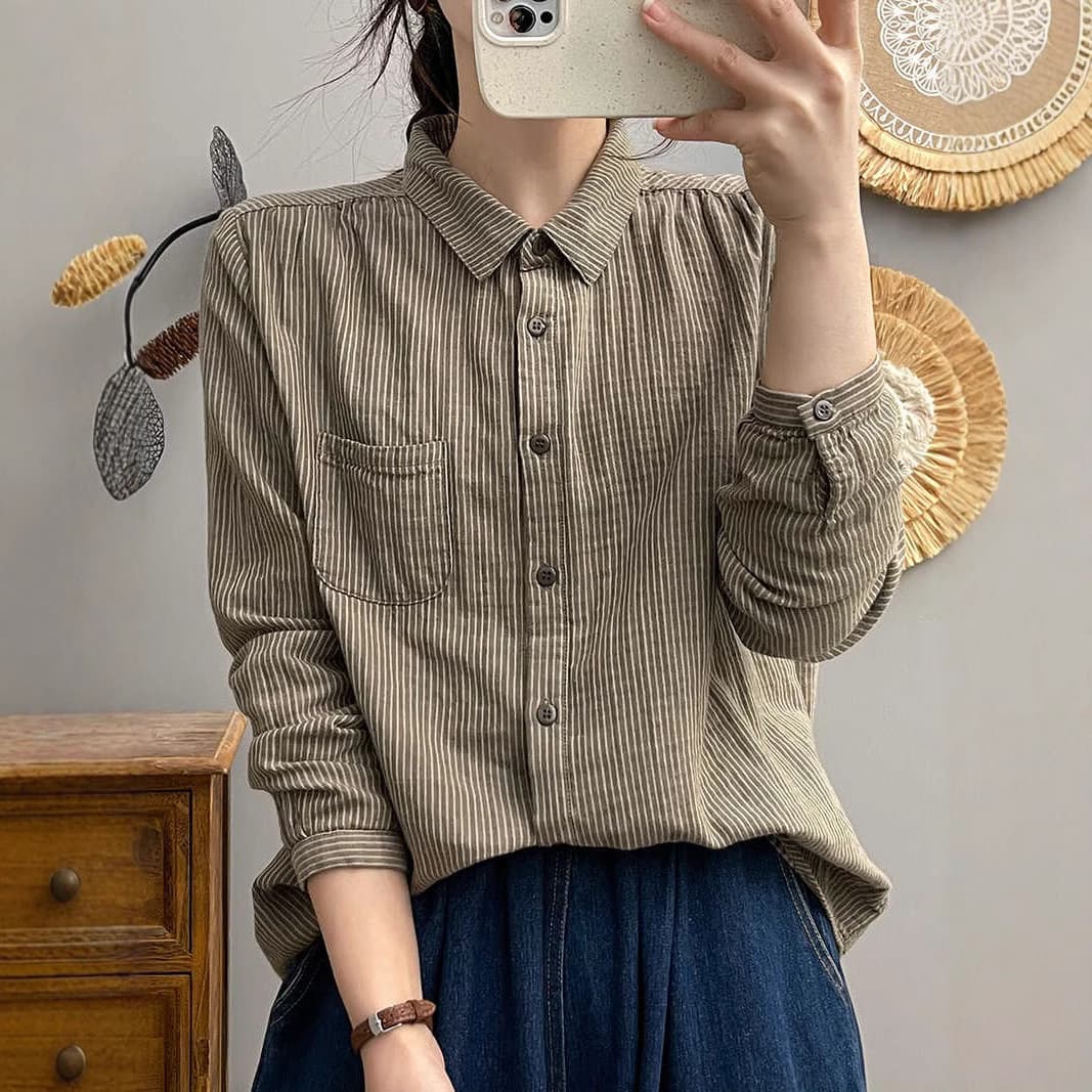 黒シャツ 細ストライプ柄シャーリングコットンシャツ