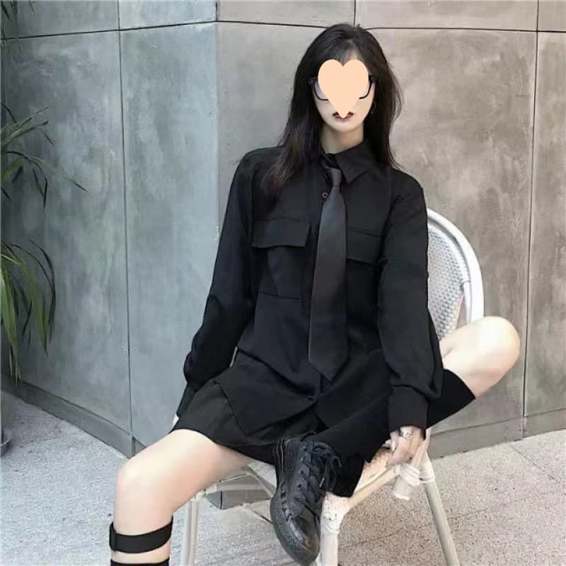 黒シャツ モード系オーバーサイズミリタリーシャツ