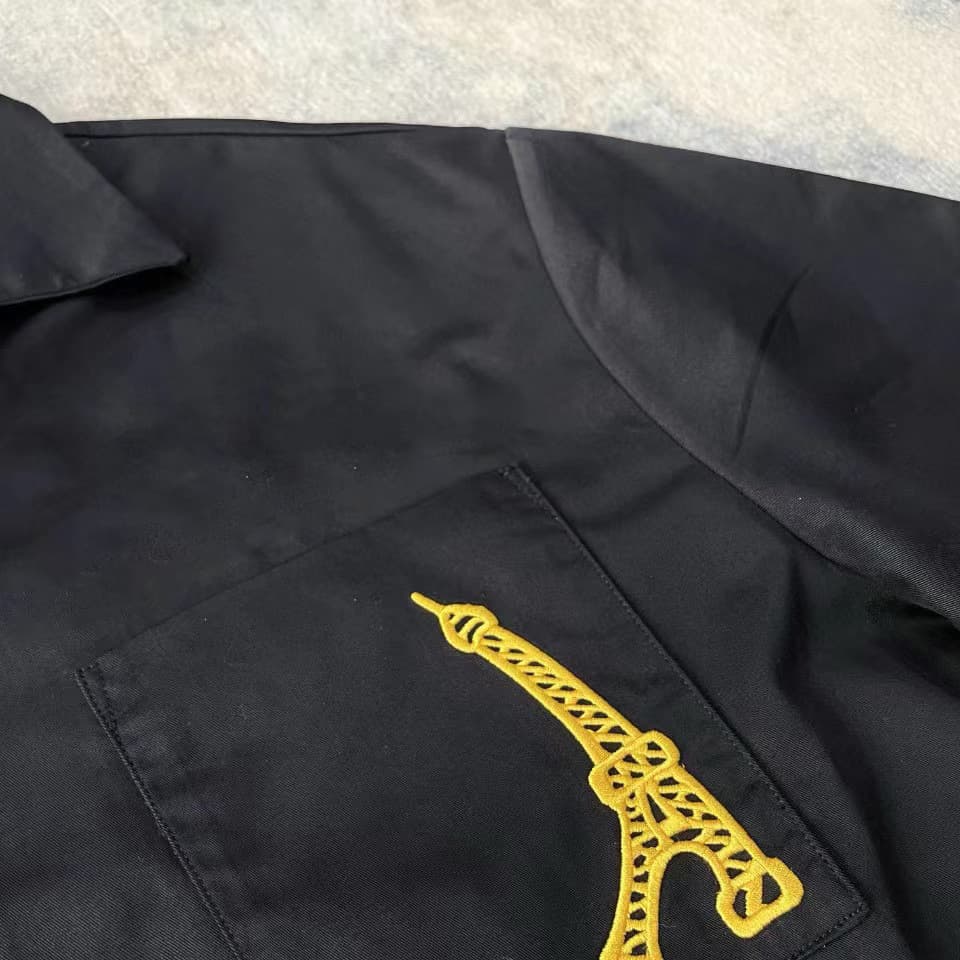 黒シャツ パリ塔刺繍オープンシャツ