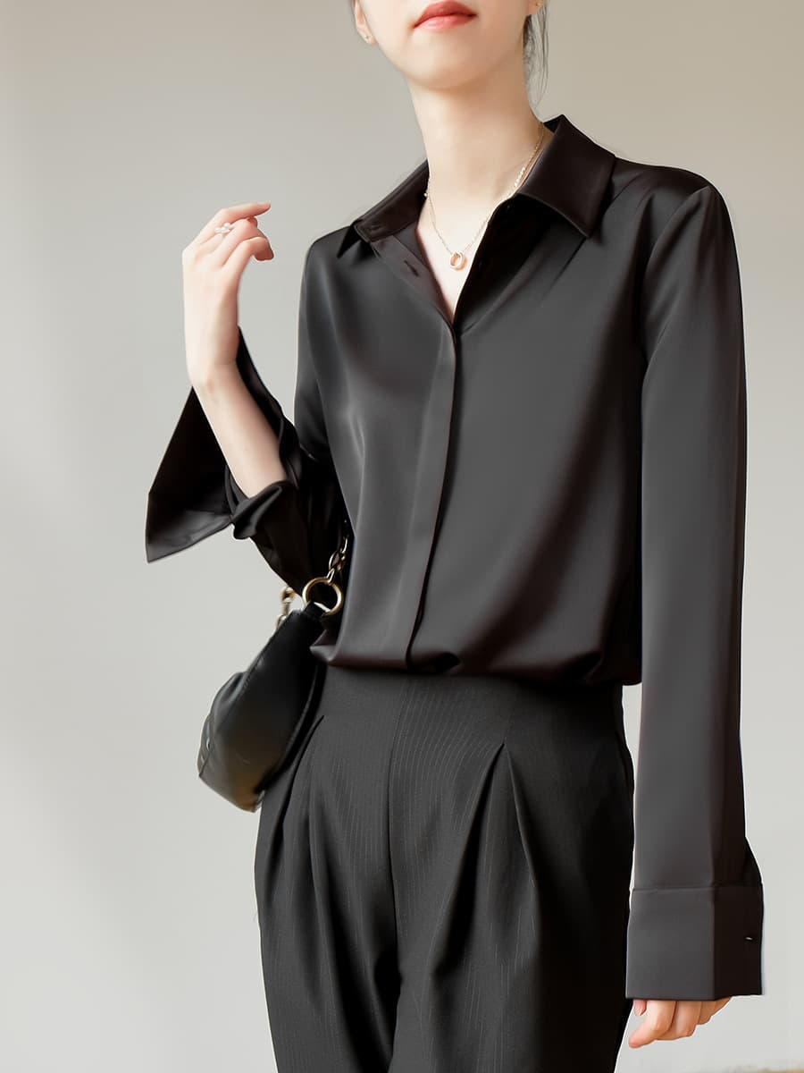 黒シャツ シンプル上質シルクシャツ