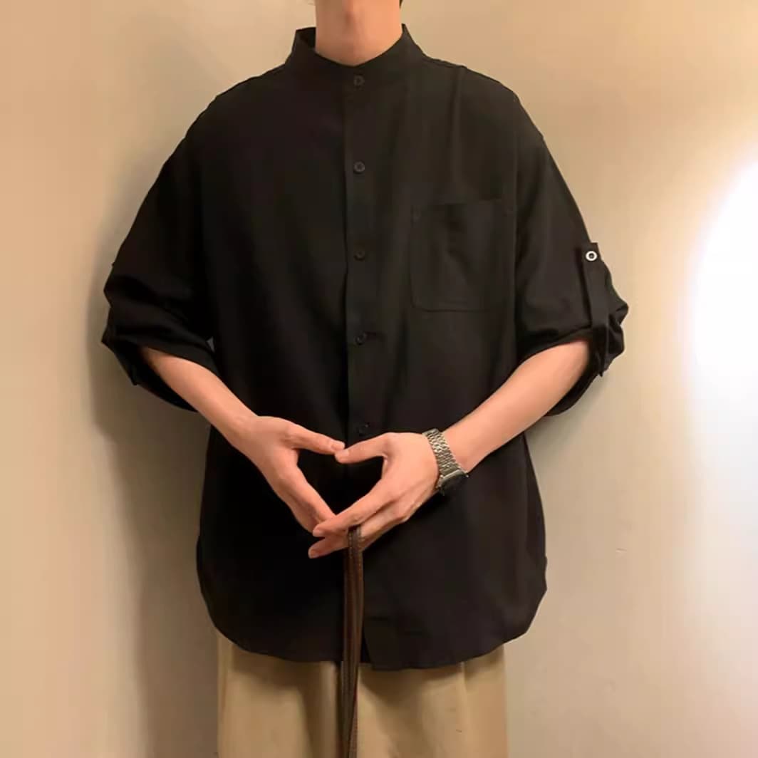 黒シャツ オーバーサイズ スタンドカラーシャツ