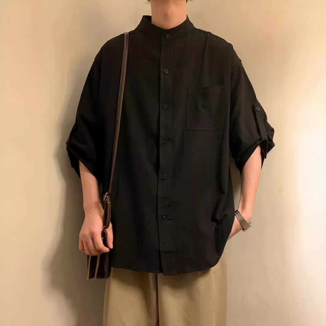 黒シャツ オーバーサイズ スタンドカラーシャツ