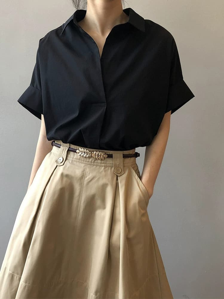 黒シャツ シンプル クールネック デザインシャツ