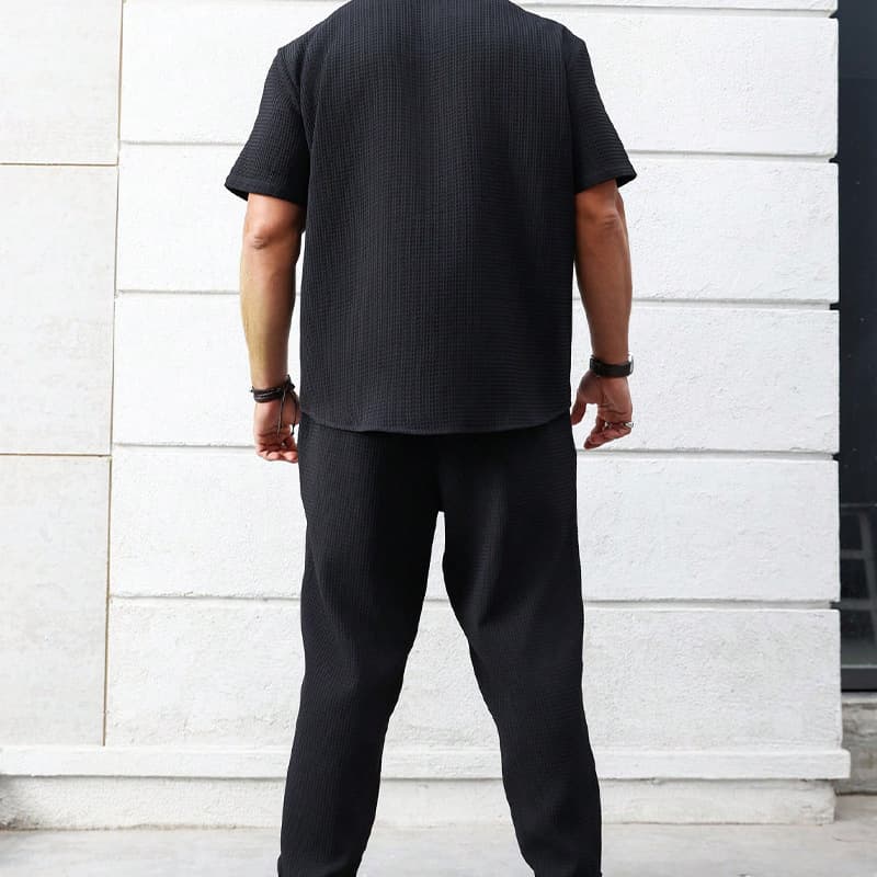 黒シャツ リブ編み ワッフルセットアップ