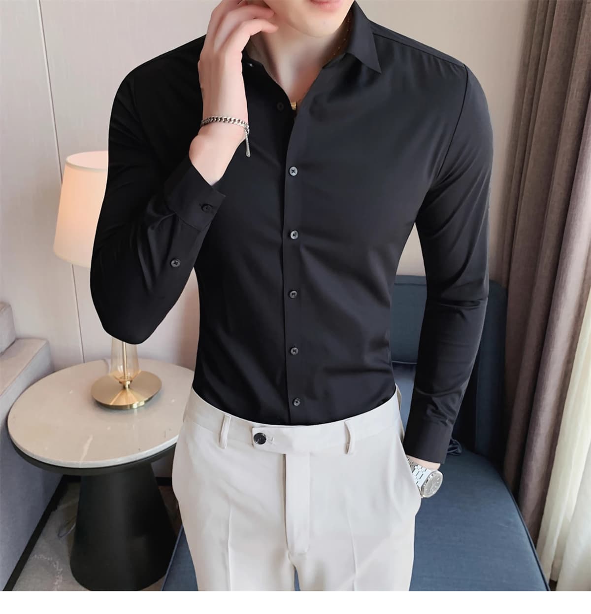 黒シャツ スタイリッシュストレッチ美シルエットシャツ