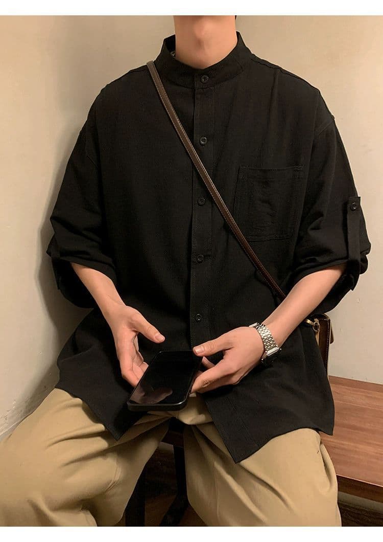 黒シャツ オーバーサイズ スタンドカラーシャツ