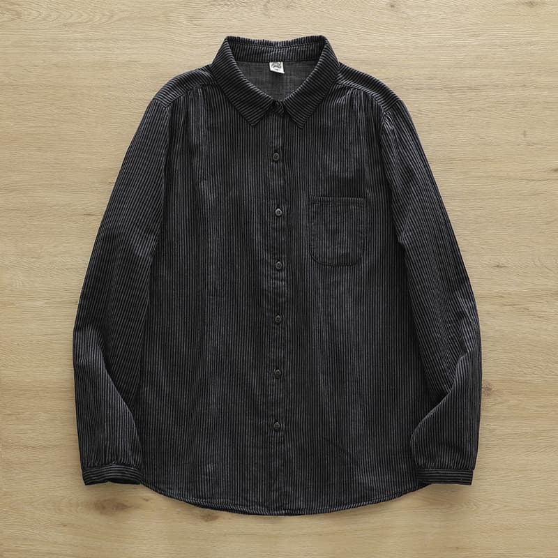 黒シャツ 細ストライプ柄シャーリングコットンシャツ