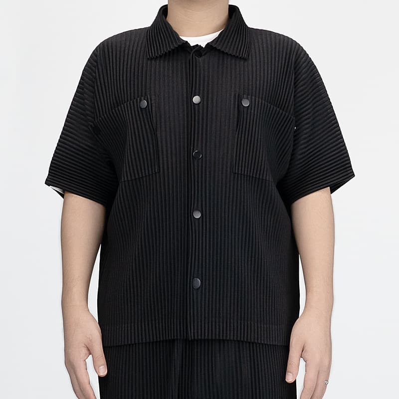 黒シャツ プリーツ柄シャープポロシャツ
