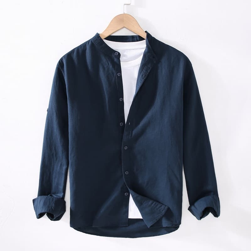 黒シャツ リネン素材 スタンドカラーシャツ