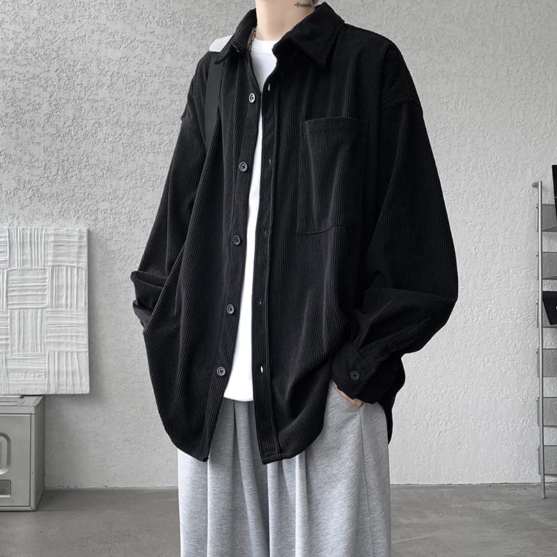 黒シャツ もこもこ襟コーデュロイシャツ