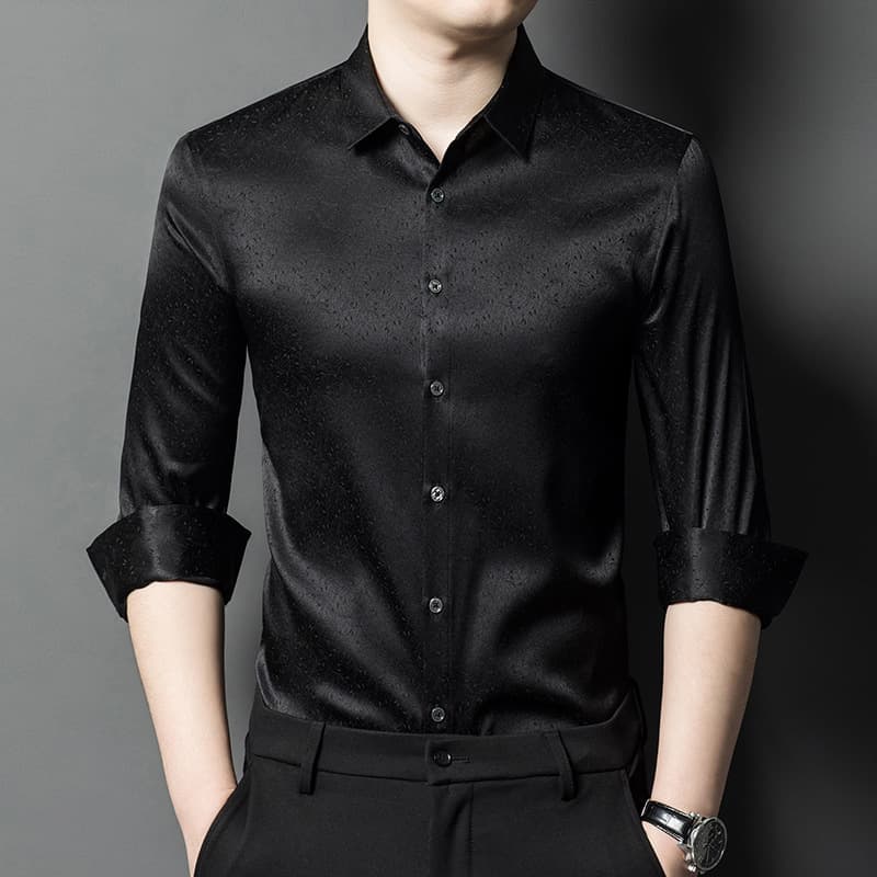 黒シャツ 上質シルク光沢ドレスシャツ