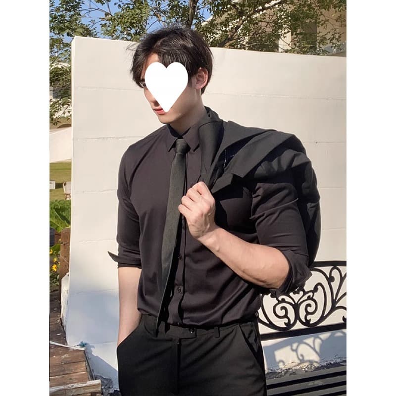 黒シャツ シンプル長袖デザインシャツ